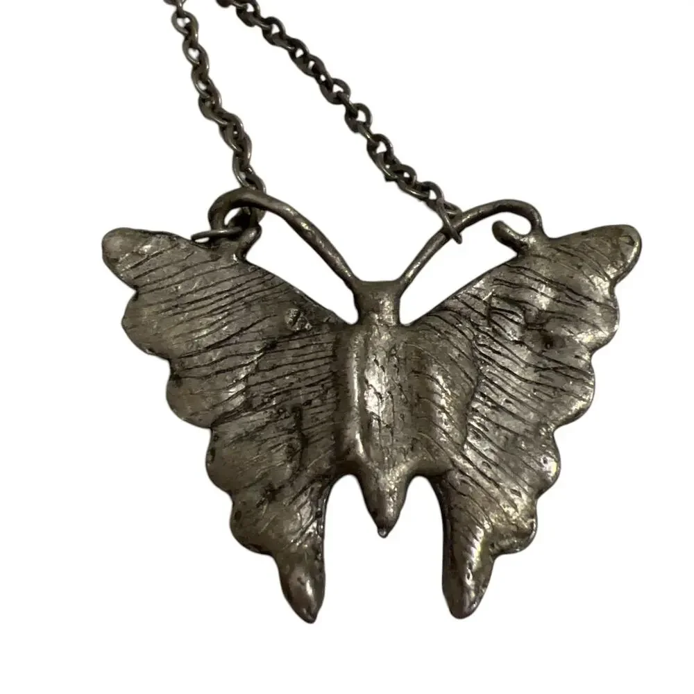 Butterfly Pendant Necklace Dark Blue Rhinestone Gunmetal Gothic Style